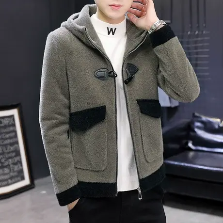 冬季潮牌帅气毛呢外套男韩版加厚连帽夹克潮流仿貂绒保暖短款冬装商品大图