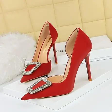 红色高跟鞋女细跟2023年秋季新款气质名媛新娘结婚尖头水钻单鞋商品大图