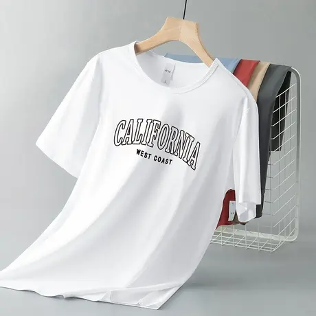 莫代尔冰丝t恤男士短袖潮牌圆领上衣服夏季凉感速干白色半袖体恤商品大图