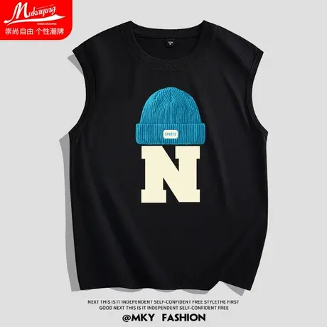 美式帽子印花潮牌国潮坎肩背心男夏季潮流休闲运动健身无袖t恤衫商品大图