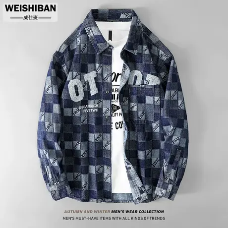 潮牌2022年棋盘格牛仔衬衫男外套秋季字母绣花休闲外穿痞帅衬衣男商品大图