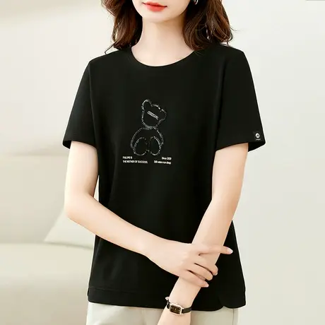 短袖小熊t恤女夏季新款正肩韩版圆领亮片多巴胺显瘦半袖体恤上衣商品大图