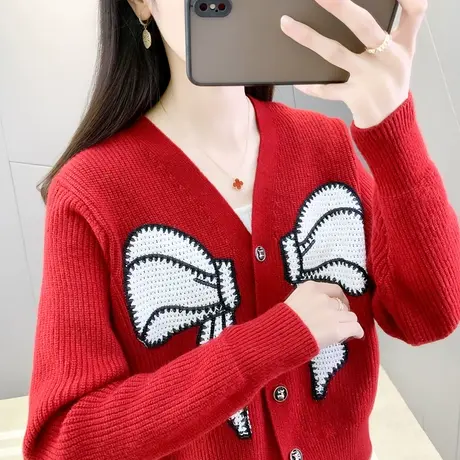 女装2023新款爆款红色毛衣开衫针织外套女士春秋拼色短款提花上衣图片
