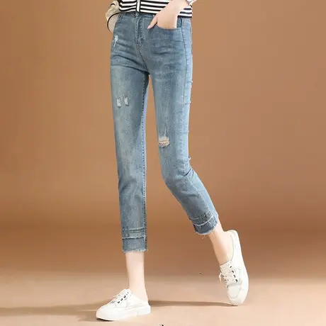 韩潮袭人破洞百搭牛仔九分裤女2023夏新款修身显瘦小脚哈伦裤薄款商品大图