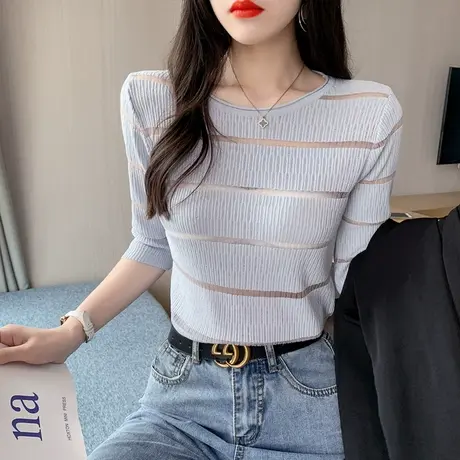 韩版修身针织衫中袖打底衫春秋季新款短款半袖春夏冰丝上衣内搭商品大图