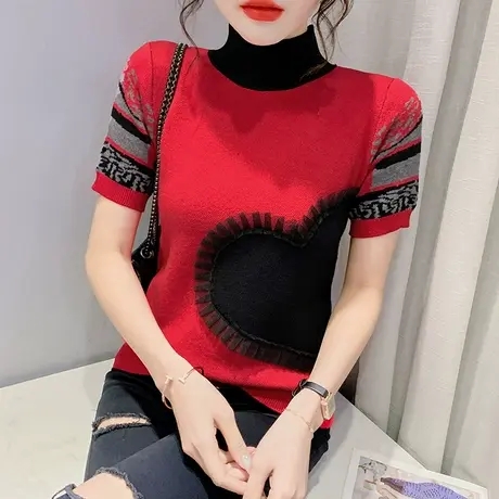 欧货撞色短袖针织衫T恤女春夏半高领修身打底衫设计感洋气上衣潮图片