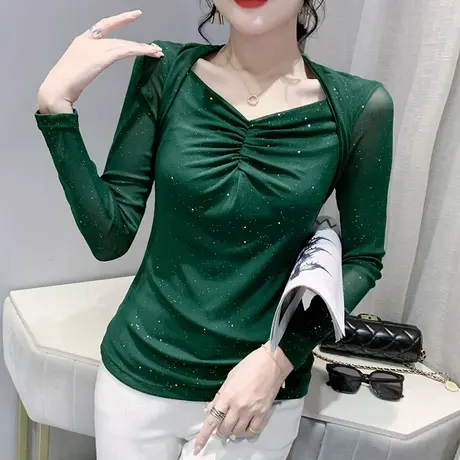 性感网纱打底衫女春秋2023新款洋气亮片V领上衣时尚褶皱长袖T恤潮商品大图
