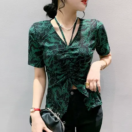 性感网纱V领T恤女短袖欧货夏不规则开叉高腰上衣漂亮印花挂脖小衫图片