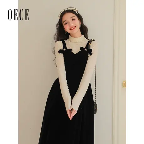 Oece复古小黑裙吊带连衣裙2023年春季新款女装甜美上衣裙子两件套图片