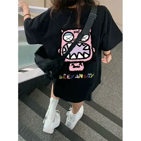 中长款短袖t恤女2023新款夏季设计感小众半袖宽松体恤纯棉上衣服商品大图