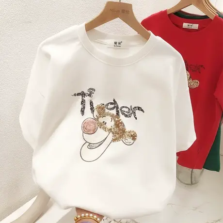 2021秋冬新款韩国东大门重工亮片老虎磨毛半袖T恤欧洲站短袖打底图片