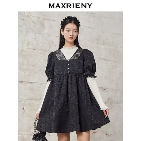 MAXRIENY蕾丝娃娃裙冬季复古V领连衣裙A字裙图片