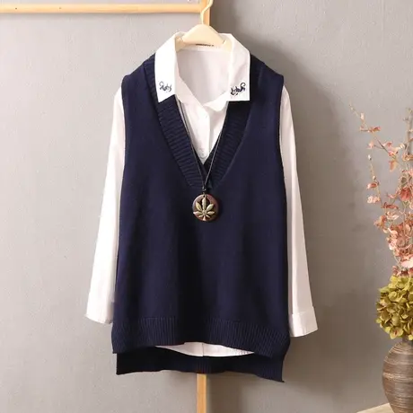 文艺清新简约针织毛衣马甲背心女套头韩版宽松V领无袖坎肩针织衫商品大图