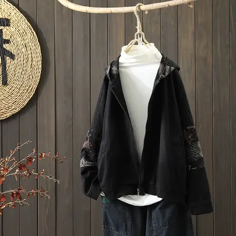 枫谜2021年秋装新款文艺复古拼接牛仔连帽外套女宽松休闲牛仔上衣图片