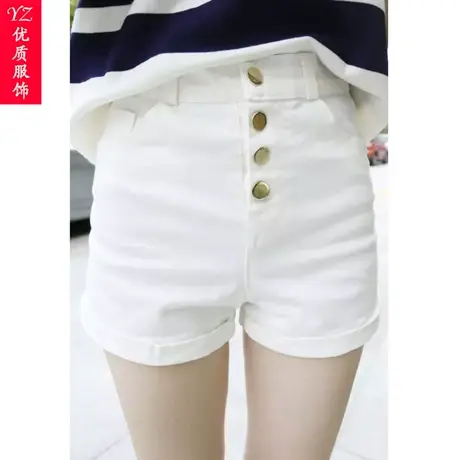 复古大码弹力单排扣高腰短裤女夏装休闲紧身显瘦白色超短裤热裤潮图片