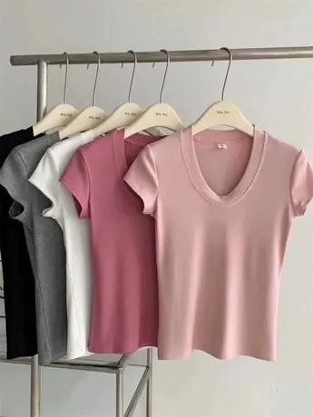 23新款春夏简约u领飞飞袖正肩弹力螺纹T恤韩系百搭修身短袖上衣女商品大图