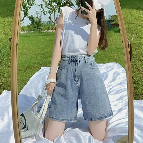 高腰五分裤牛仔短裤女夏季新款宽松a字网红辣妹小个子阔腿5分中裤图片