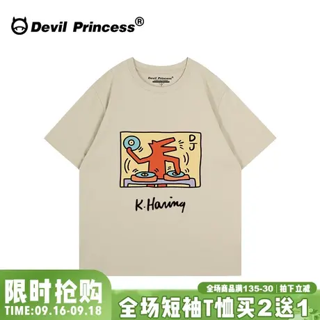 vintage古着感宽松浅卡其色短袖t恤女小众卡通ins潮牌纯棉上衣夏图片