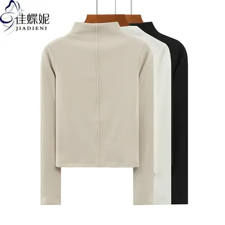 秋冬新款韩版半高领修身短款纯欲纯棉纯色长袖体恤上衣内搭女打底商品大图