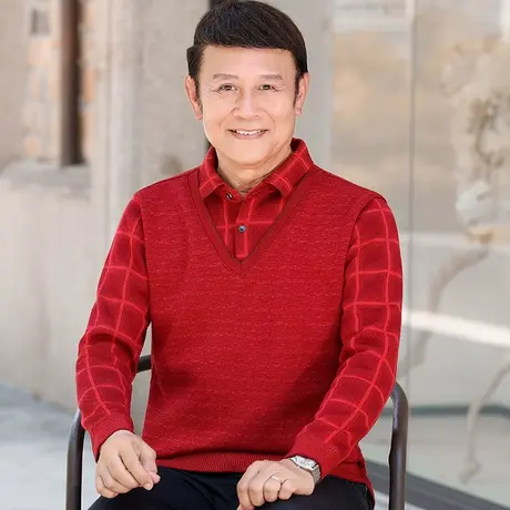 本命年大红色毛衣男士假两件针织打底衬衫领中老年人冬季爸爸装龙商品大图