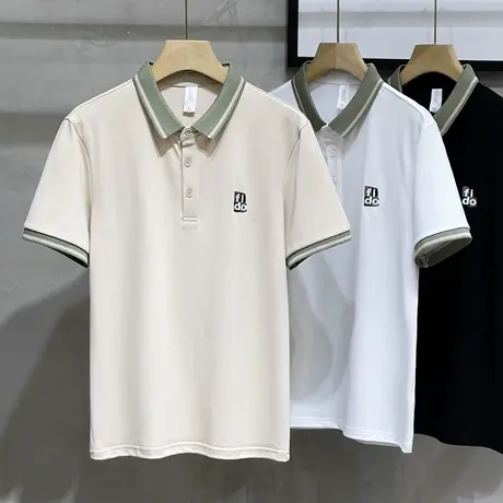 潮牌条纹领领短袖POLO衫男2023夏季新款t恤男士字母绣花翻领半袖T商品大图
