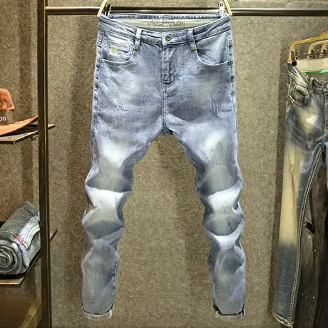 夏季时尚潮牌九分裤子男宽松哈伦小脚裤手工猫爪工艺韩版牛仔裤男商品大图