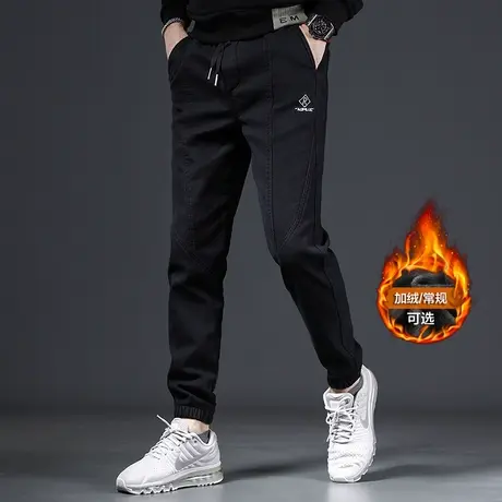 黑色加绒加厚休闲裤男秋冬款束脚修身百搭潮流男士运动裤冬季保暖商品大图