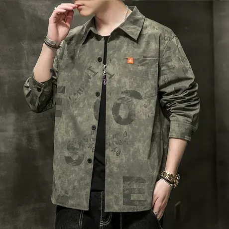 男装军绿色美式翻领衬衫秋季男生痞帅上衣春秋款排扣外套秋天衬衣商品大图
