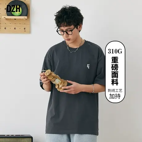 男生310g重磅刺绣t恤男圆领纯棉短袖上衣夏季美式复古半袖体恤TEE商品大图