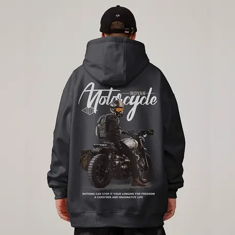 机车加肥加大码卫衣男装连帽衫宽松女加绒春秋季胖子做旧复古外套商品大图