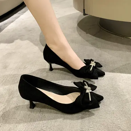 单鞋女夏季2023年新款浅口细跟蝴蝶结高跟鞋法式气质时髦职业女鞋商品大图