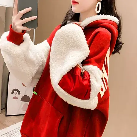 胖mm加绒加厚羊羔绒卫衣女装春秋季大码200斤保暖宽松中长款上衣商品大图