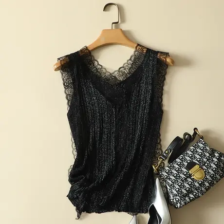 黑色吊带背心女夏季设计感小众西服春秋内搭蕾丝醋酸上衣外穿打底图片