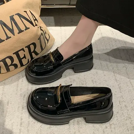 爆款小个子厚底乐福鞋女2024年春秋新款一脚蹬单鞋粗跟英伦小皮鞋商品大图