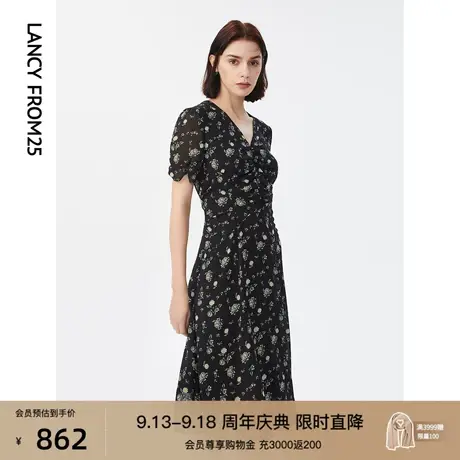 朗姿法式V领印花碎花裙雪纺抽褶连衣裙高级感夏新款中长款裙子女商品大图