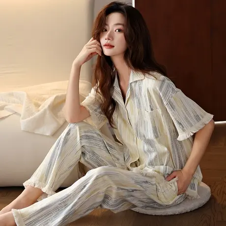 婷美纯棉睡衣女士夏天薄款短袖长裤学生夏季新款可外穿家居服套装图片