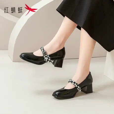 红蜻蜓女鞋春夏单鞋女2023新款气质粗跟方头春款法式玛丽珍小皮鞋商品大图