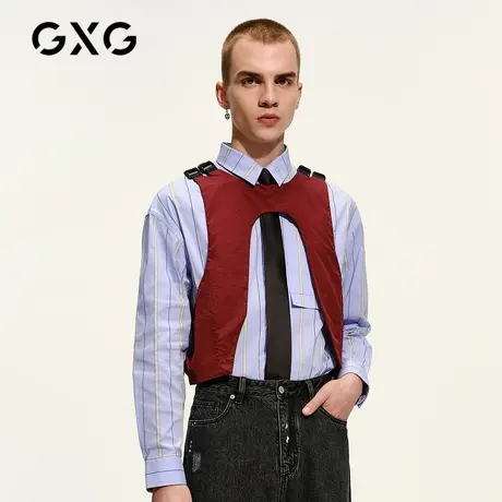 GXG男装 秋季蓝色休闲百搭翻领拼接长袖衬男士上衣GC103654B图片