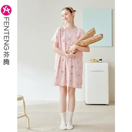 芬腾纯棉睡裙女夏季薄款短袖睡衣女款夏天全棉大码可爱短裙家居服商品大图
