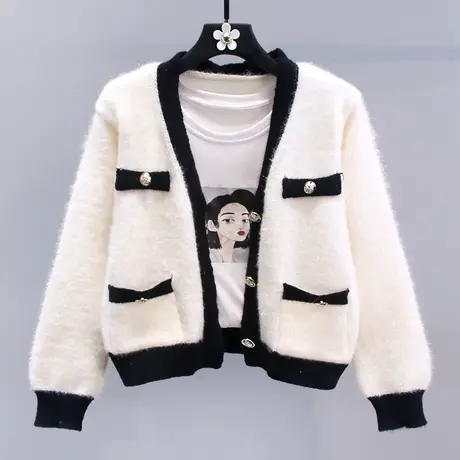 小香风撞色毛衣外套女秋冬2023新款宽松设计感小众短款针织开衫商品大图