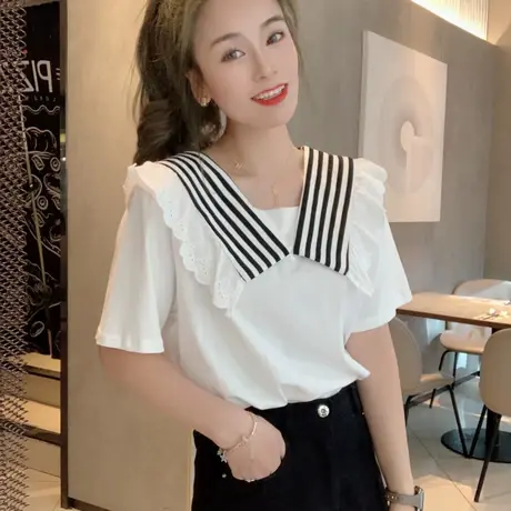 减龄条纹海军领短袖t恤女2023夏季新款时尚宽松百搭学院风上衣潮商品大图