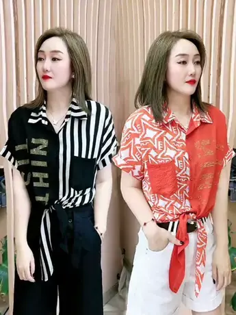 夏季复古字母拼色短袖衬衫女小个子气质显瘦洋气百搭绑带时尚衬衣图片