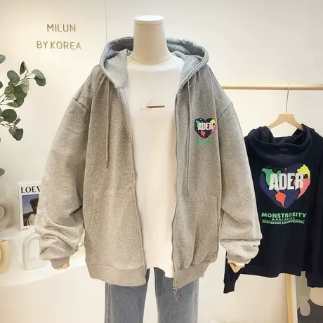 2021早秋新款连帽外套韩国东大门ins潮爱心字母宽松卫衣拉链开衫图片