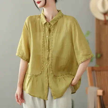 dza 复古明线苎麻衬衫女2023夏薄款纯色衬衣宽松百搭棉麻开衫上衣图片