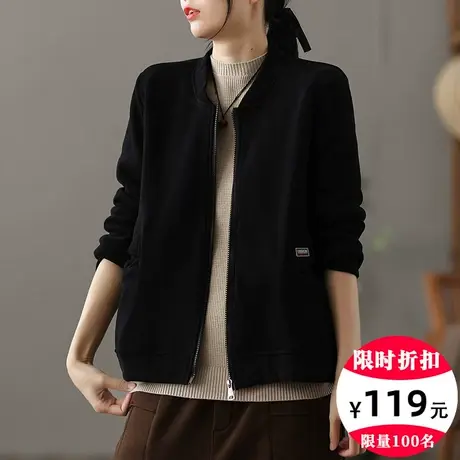 dza 加绒加厚短款棒球服女2023冬装新款宽松休闲外套纯色运动上衣商品大图