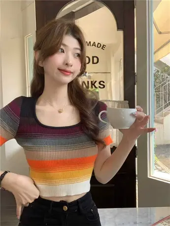 夏季条纹复古内搭打底衫女士针织吊带背心短袖辣妹上衣外穿设计感商品大图