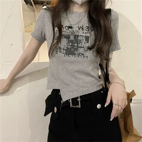 2023春夏季设计感小众纯欲风甜辣妹性感短袖t恤女不规则短款上衣商品大图