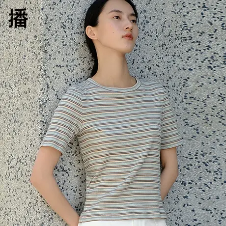 播撞色条纹T恤女2023夏季新款简约圆领文艺通勤纯棉短袖体恤上衣商品大图