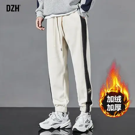 男士杏色灯芯绒裤子男冬季加绒加厚拼接裤休闲裤潮牌束脚裤加绒裤商品大图