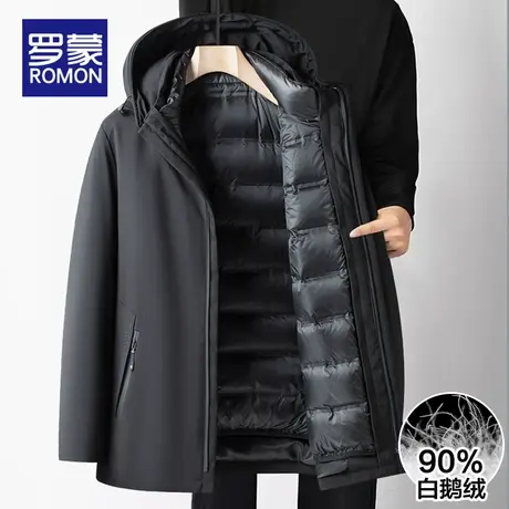 罗蒙男士鹅绒羽绒服冬季2025新款加厚保暖连帽中老年爸爸冬装外套商品大图